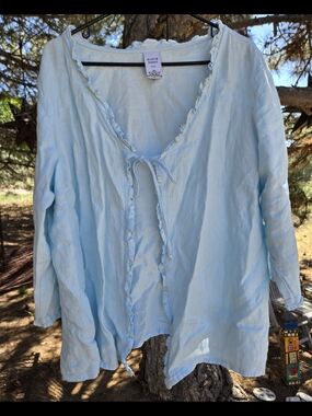 Match Point Light Blue Ruffle-Trim Tie-Front Blouse